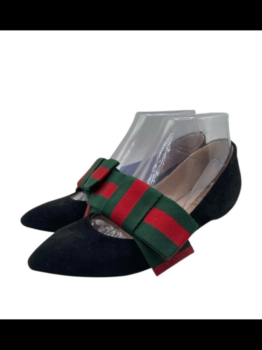 Gucci Web Black Pointed Suede Toe Flats with Green & Red Bow